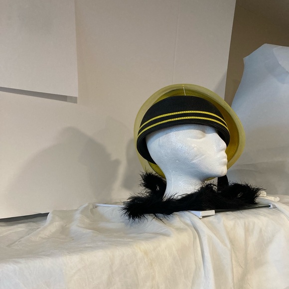 Midnight Navy Blue, + Yellow Asymmetrical Pillbox w/Yellow ribbon stripes, Hat - Picture 2 of 3